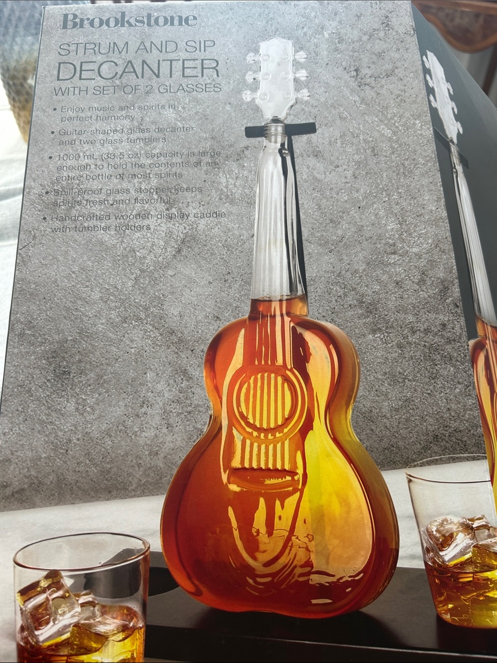 Brookstone Amber Guitar-Shaped Decanter Set